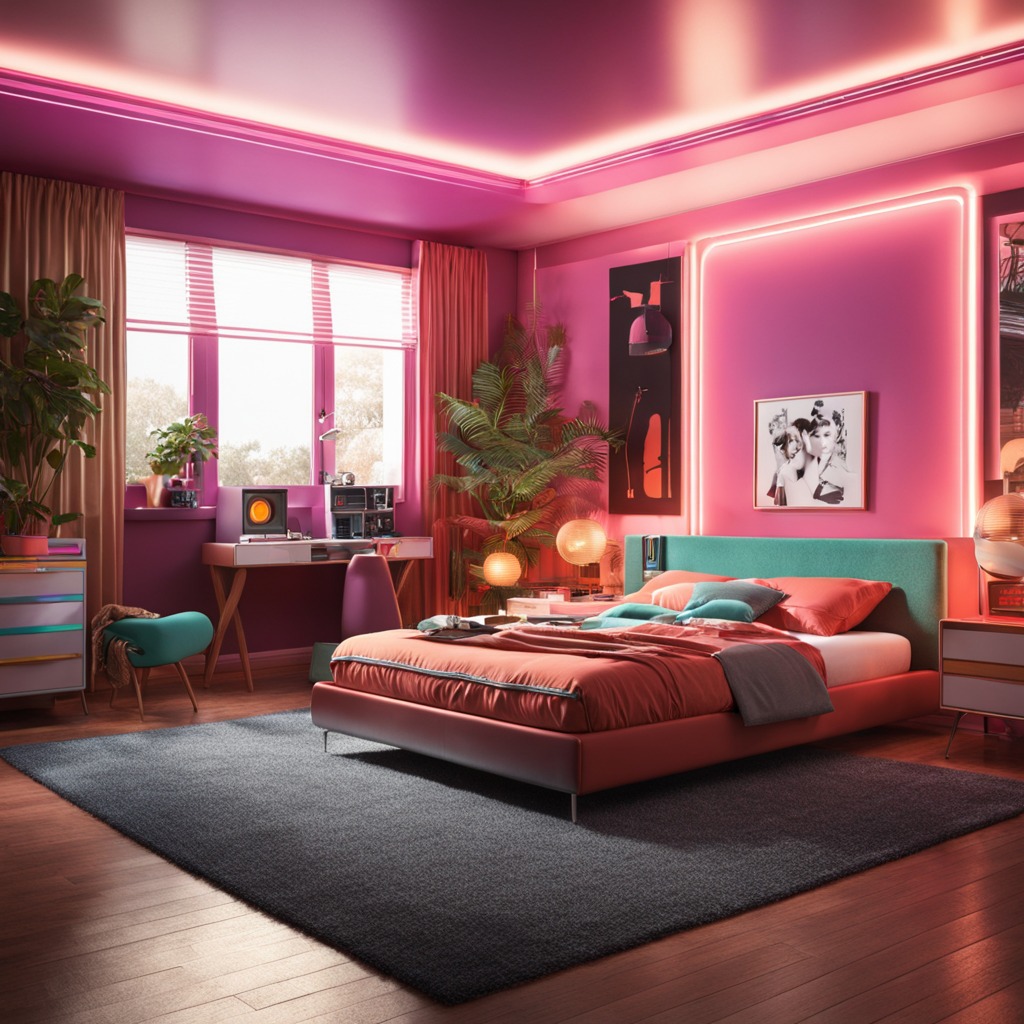 Retro bedroom with neon lights modern furniture and vintage accessories