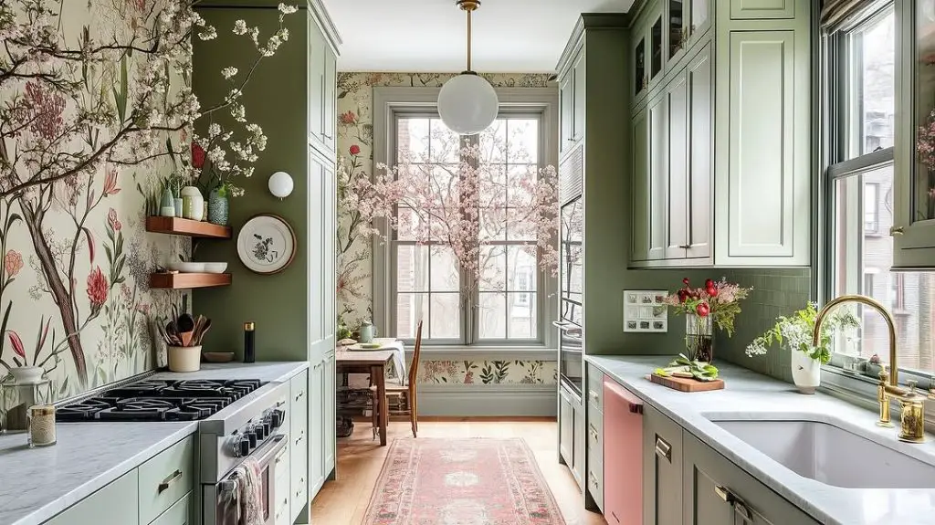 Sage kitchen with floral wallpaper pink accents and vintage runner