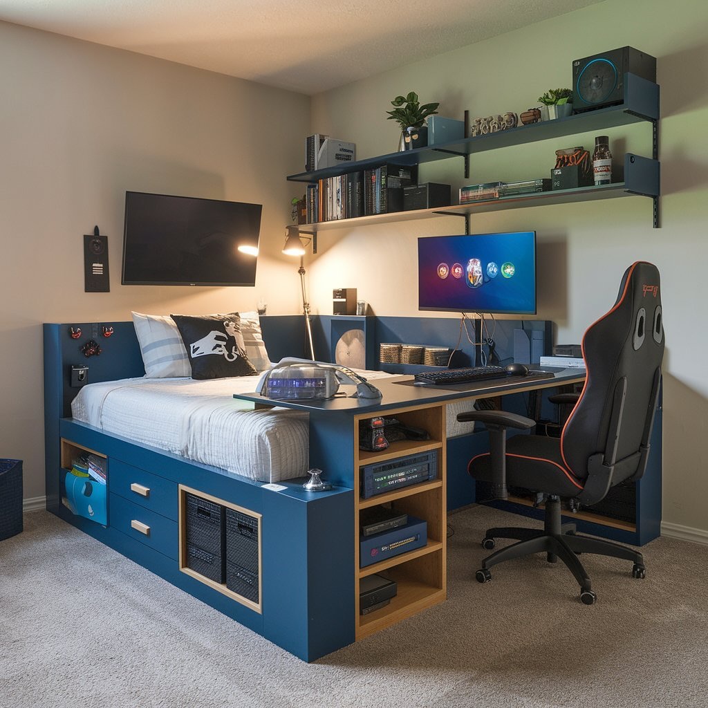 Modern bedroom with plaid bedding wooden bed frame and wall mounted lamps