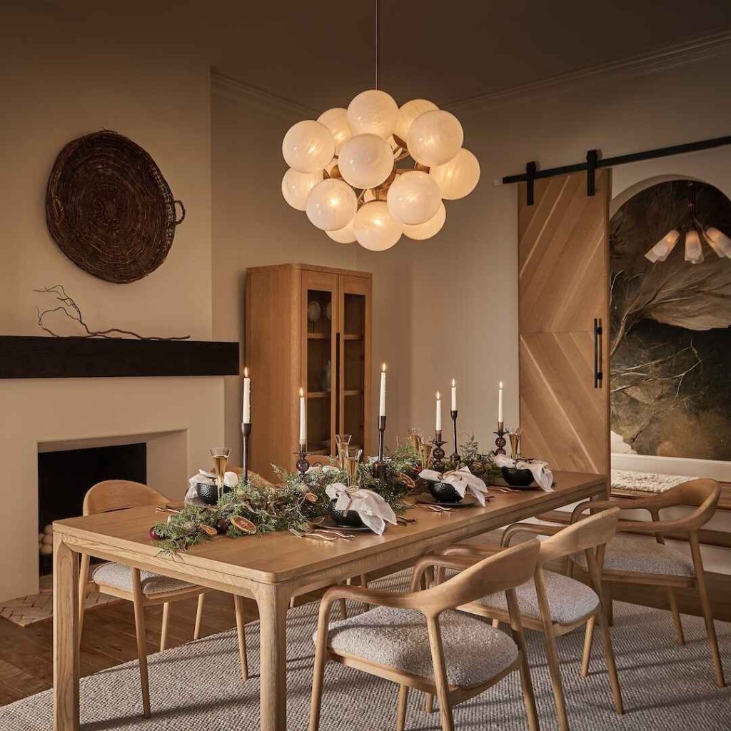 Modern dining room with wooden table and sphere light fixture
