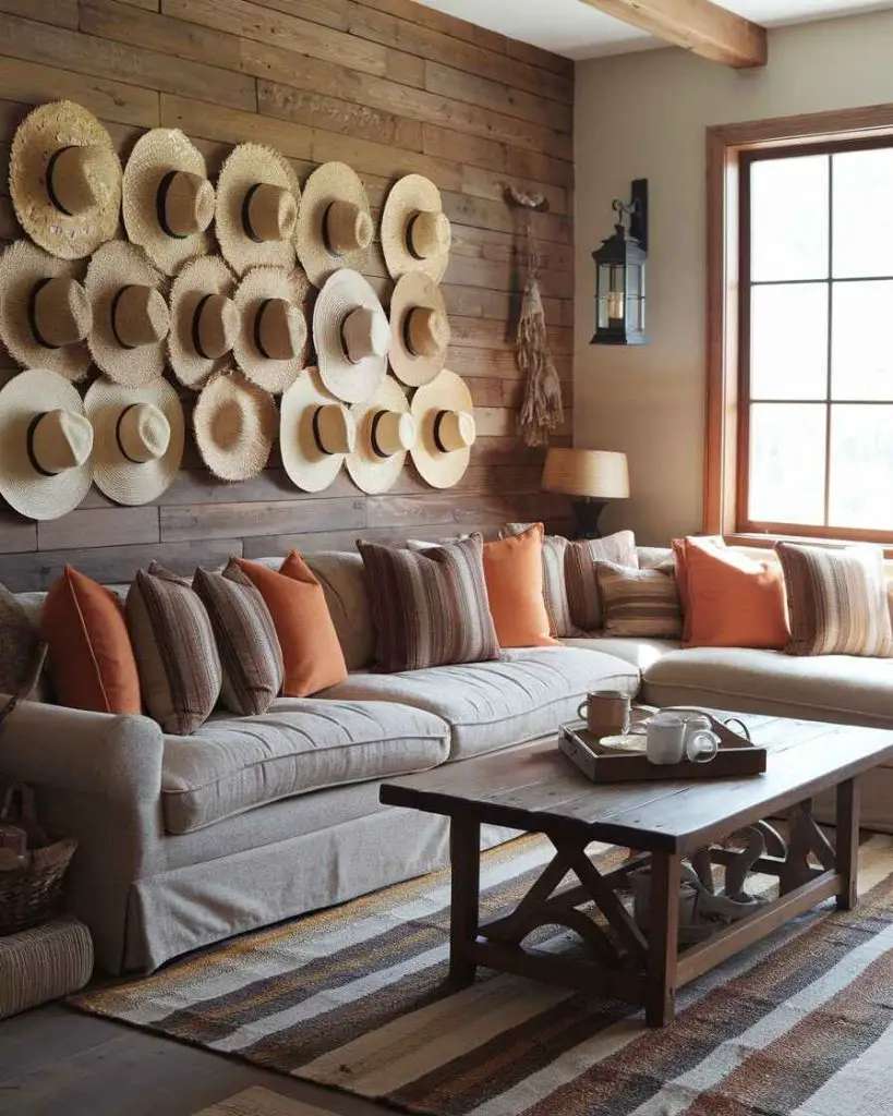 Living room with straw hat wall display and gray sectional sofa