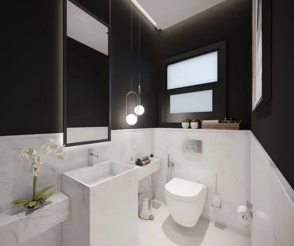 Black and white powder room with marble walls floating sink and pendant lights