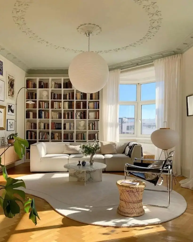 Beige living room with woven wall decor and botanical artwork