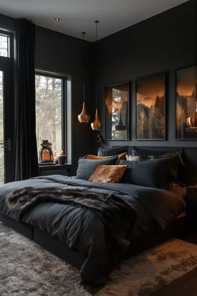 Dark bedroom with forest artwork copper lighting and textured bedding.lmk