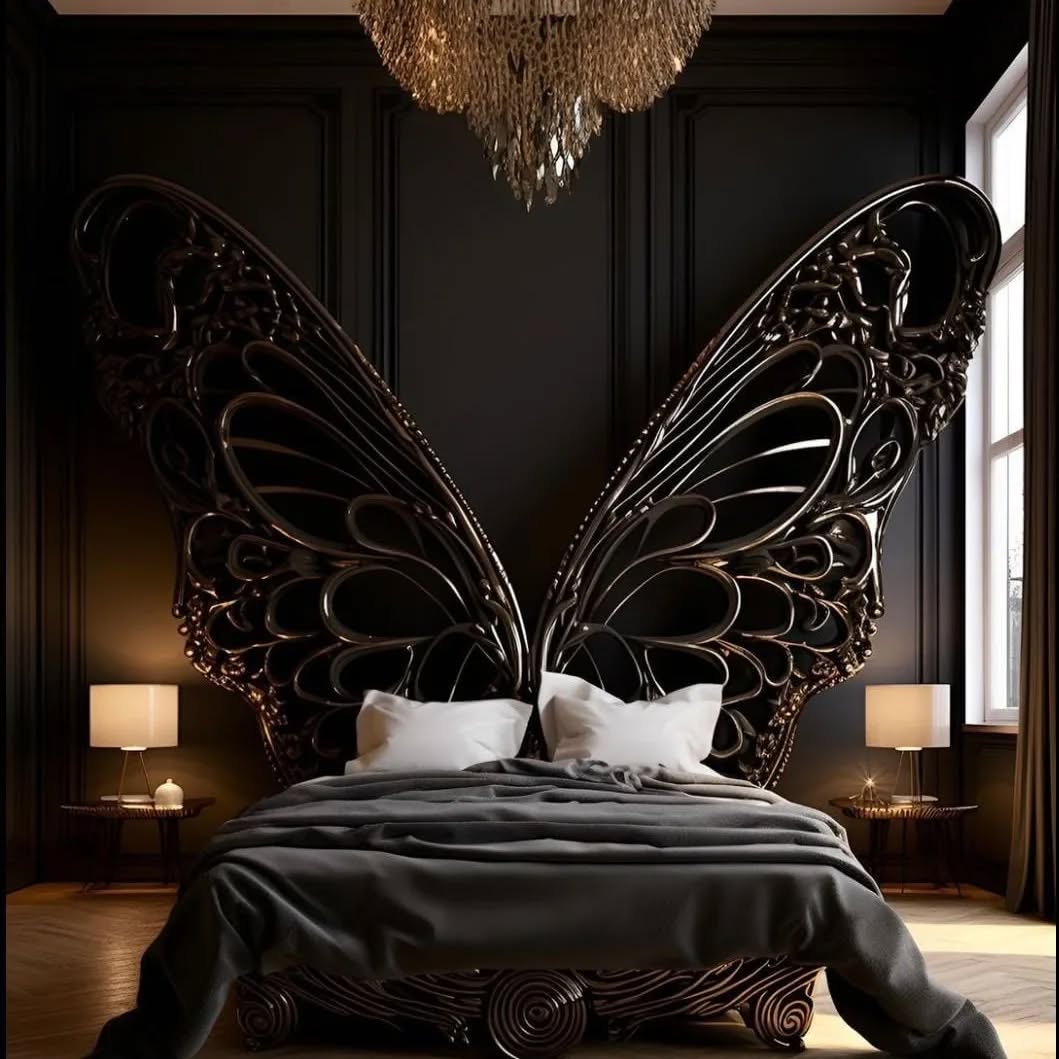 Modern bedroom with large black butterfly wing headboard and chandelier