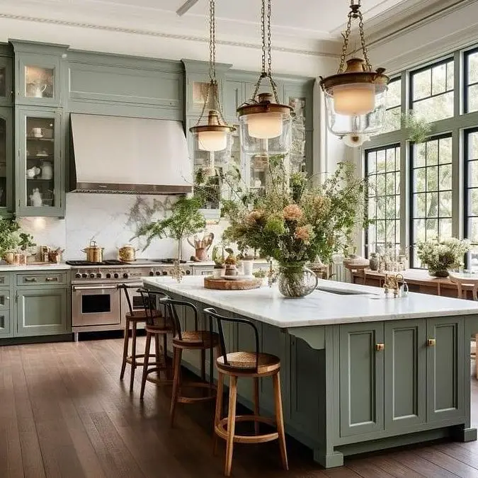 Grand kitchen with cathedral windows sage cabinets and vintage lighting
