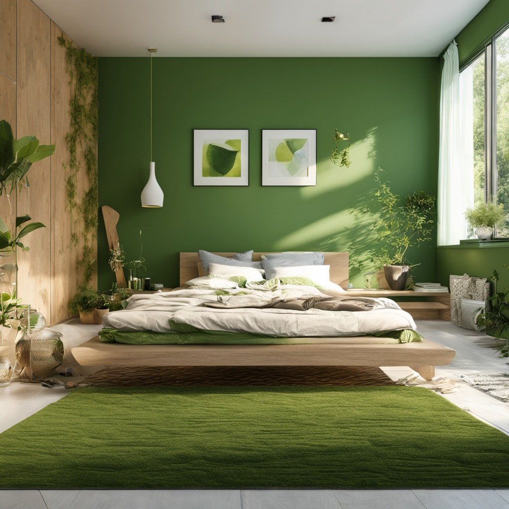 Minimal green bedroom with floating wooden bed and botanical artwork