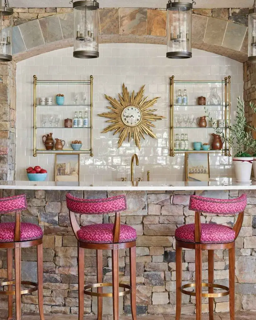 Bar area with sunburst clock and pink bar stools
