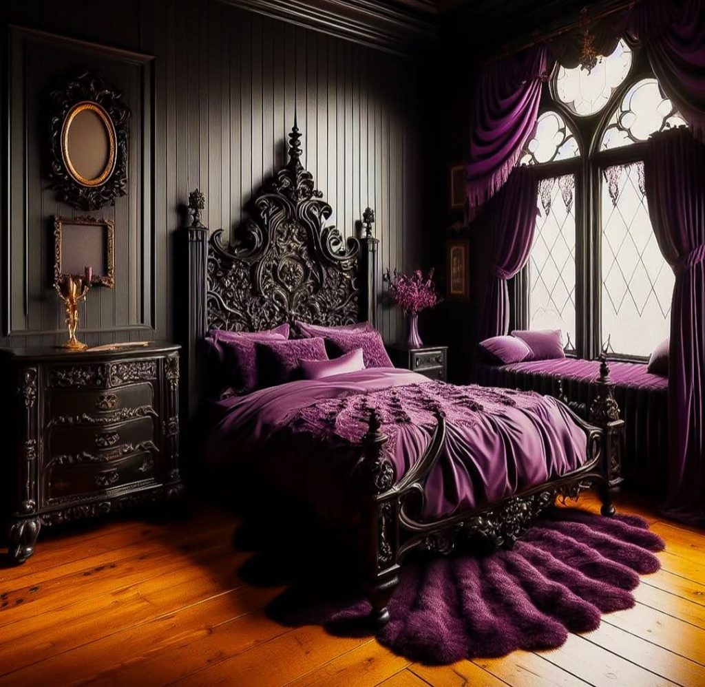 Gothic bedroom with carved black bed purple silk bedding and petal shaped plush rug