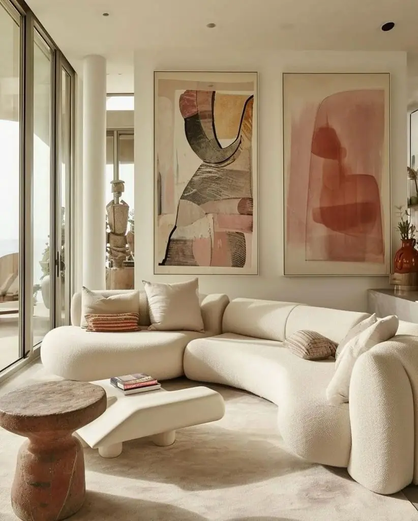 Modern living room with curved white sofa and abstract terracotta artwork