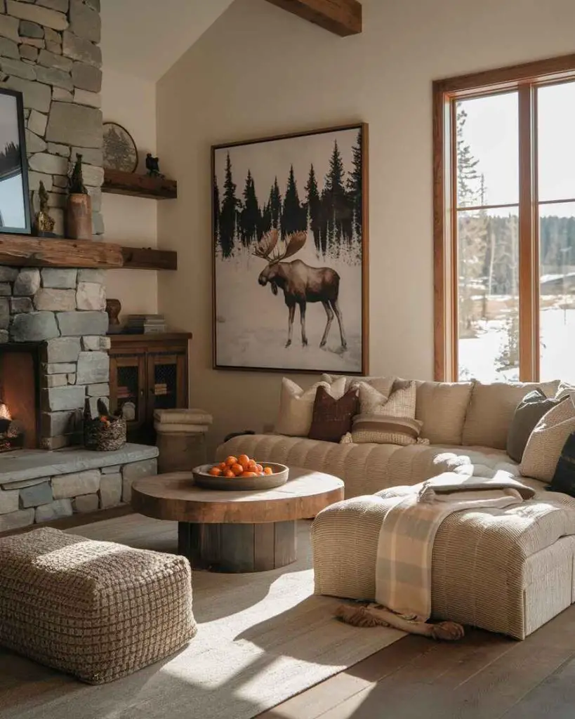 Cozy living room with stone fireplace natural wood beams and moose artwork