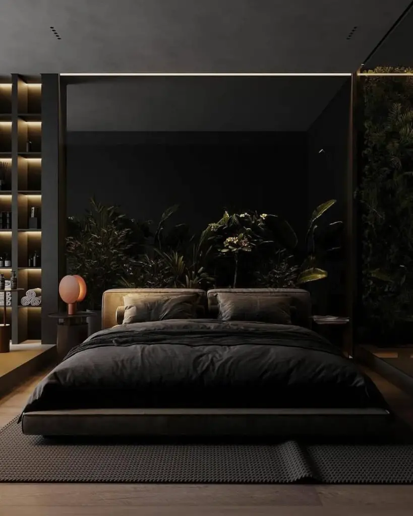 Modern dark bedroom with tropical plants and floating platform bed