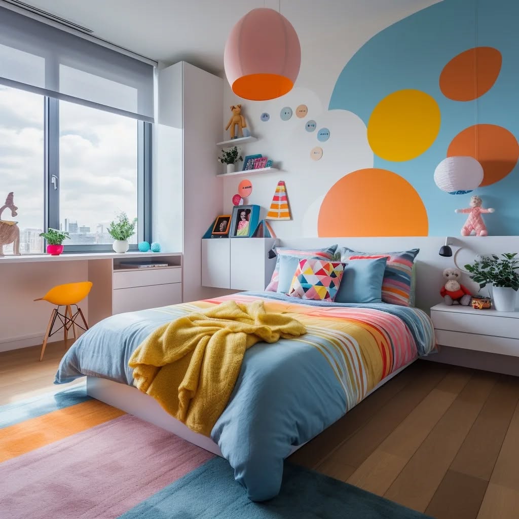 Boys bedroom with checkered wallpaper vintage car art and wood bed
