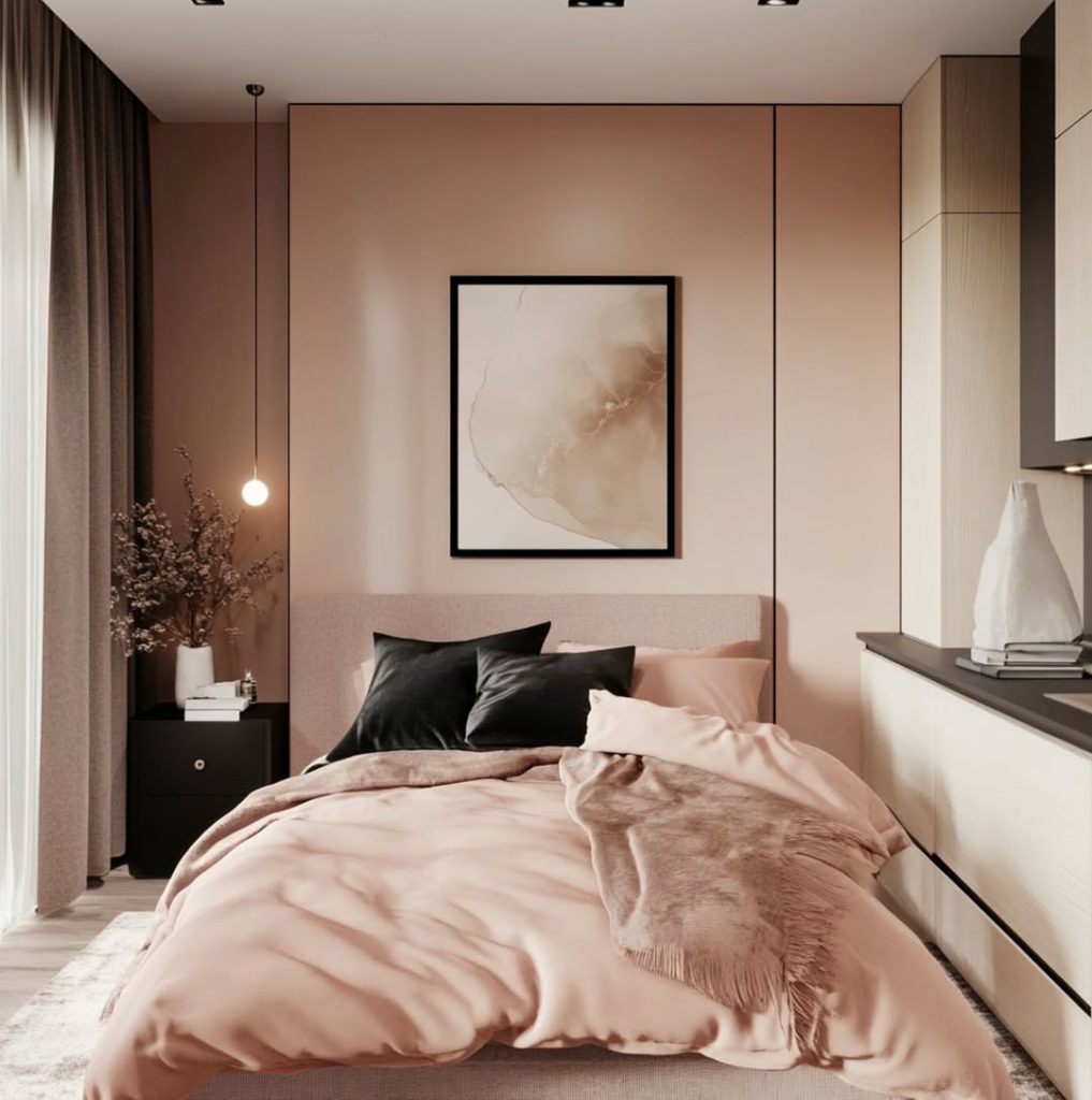 Modern bedroom with blush walls floating lights and built in storage