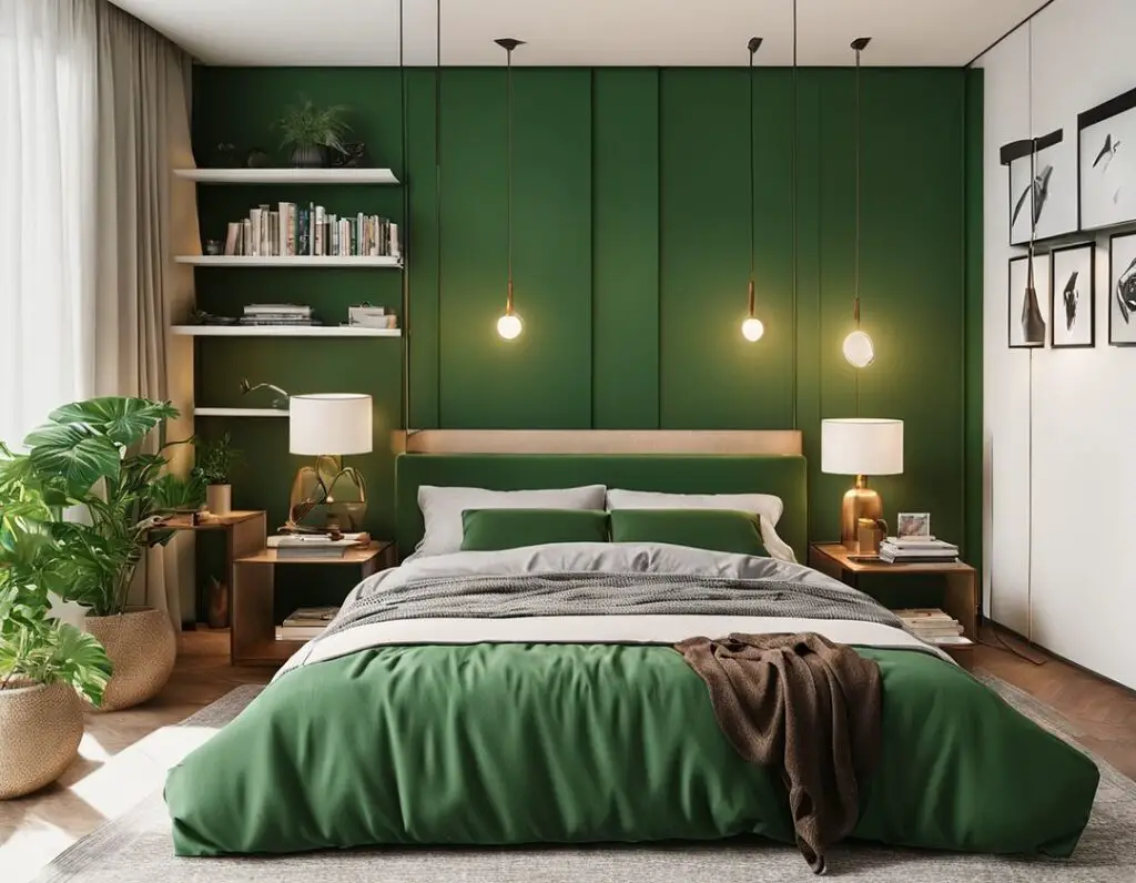 Green bedroom with built in shelving and pendant lighting