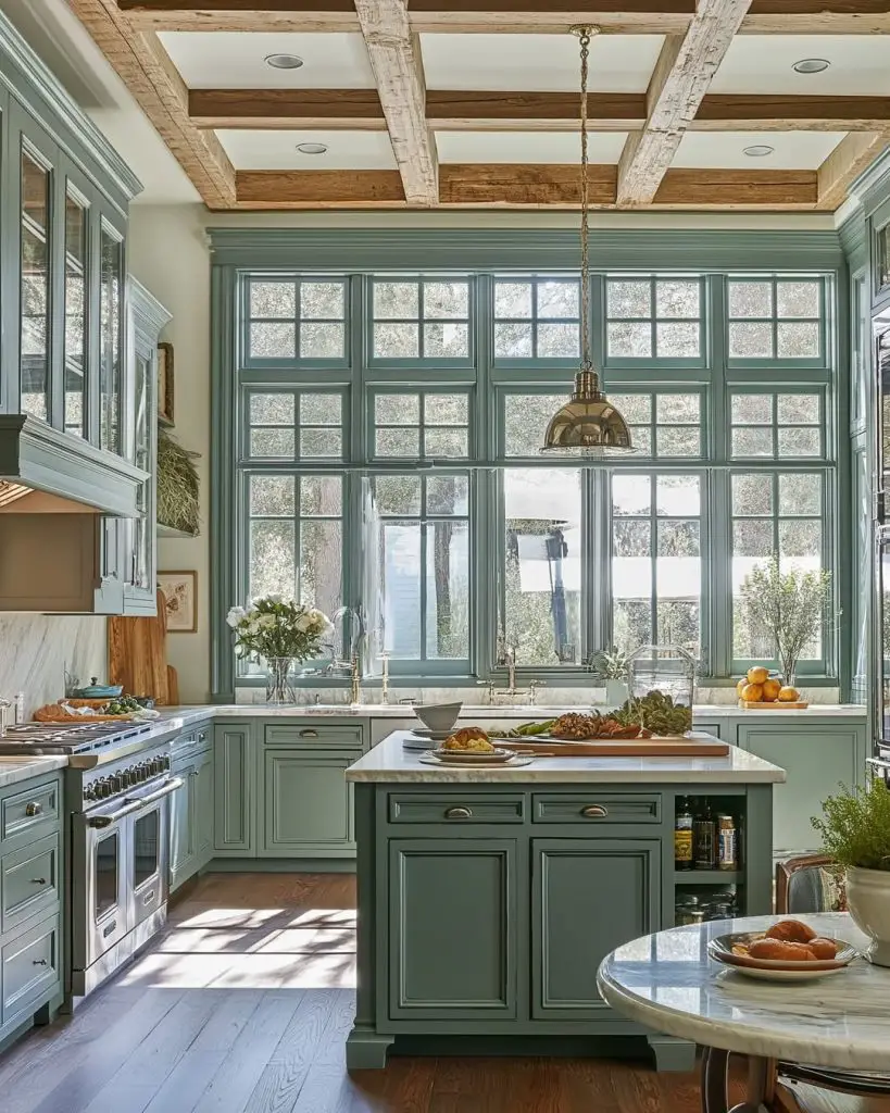 Kitchen with arched window sage cabinets and indoor plants