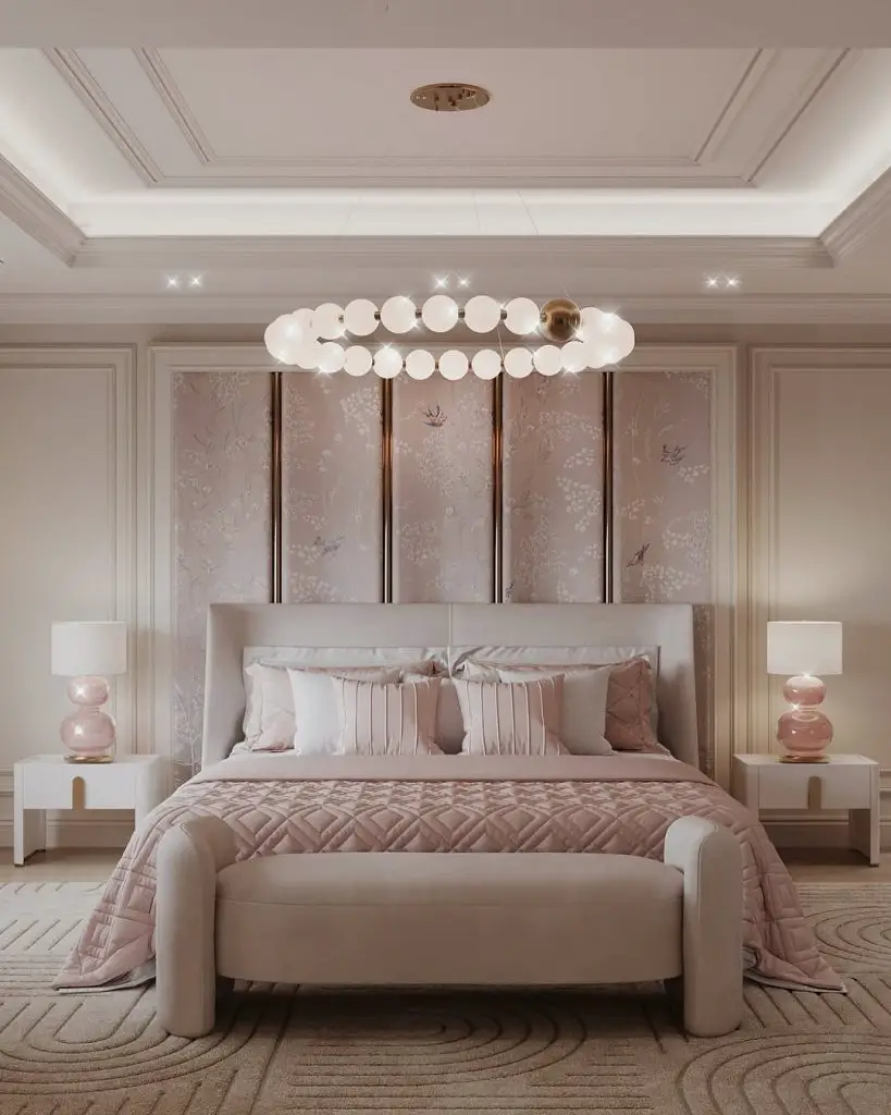 Glamorous bedroom with bubble chandelier and pink wallpaper panels