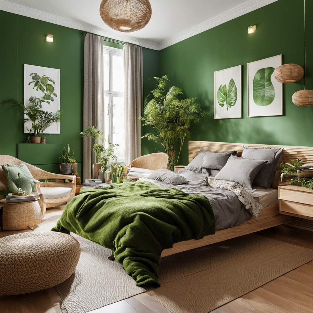 Green bedroom with botanical prints and natural rattan furniture