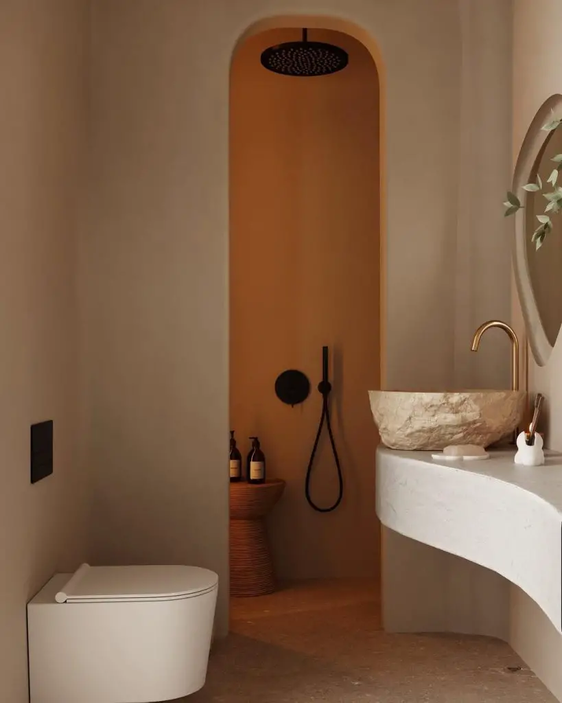 Minimalist bathroom with arched shower stone sink and curved vanity