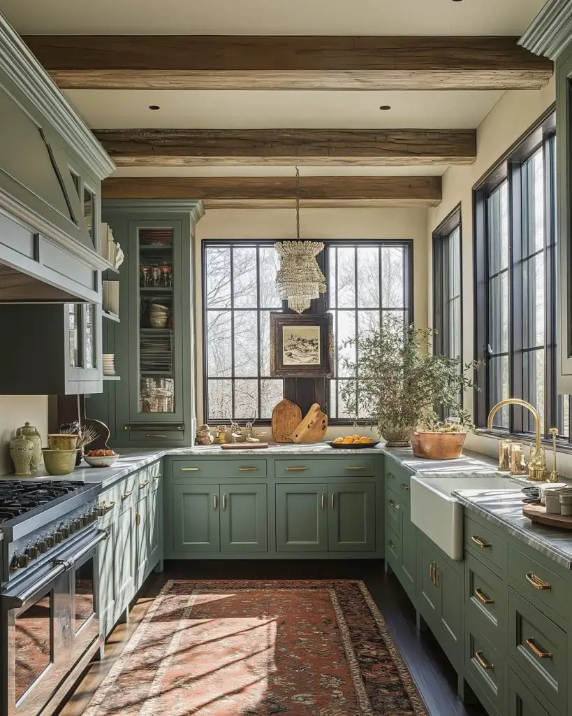 Sage kitchen with exposed beams crystal chandelier and black windows