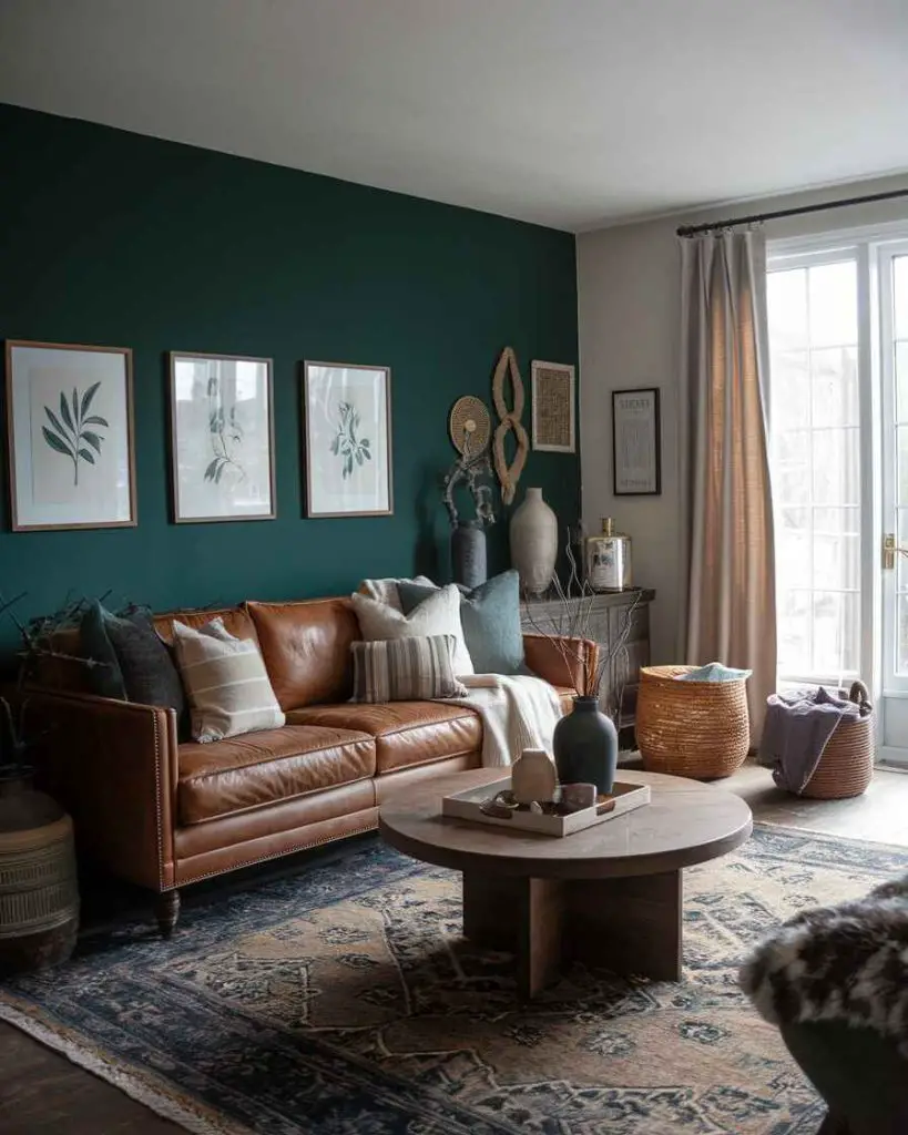 Green wall living room with leather sofa and plant prints