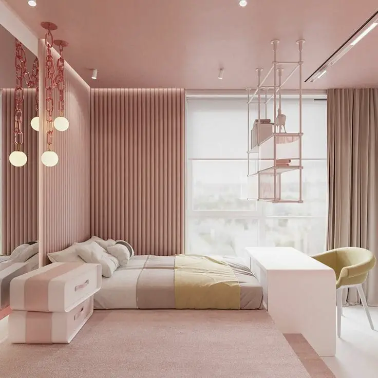 Modern pink bedroom with curved walls and suspended shelving