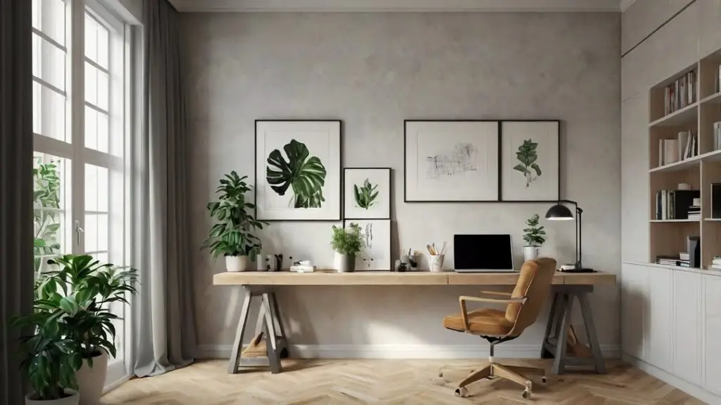 Black desk office with garden view and patterned rug