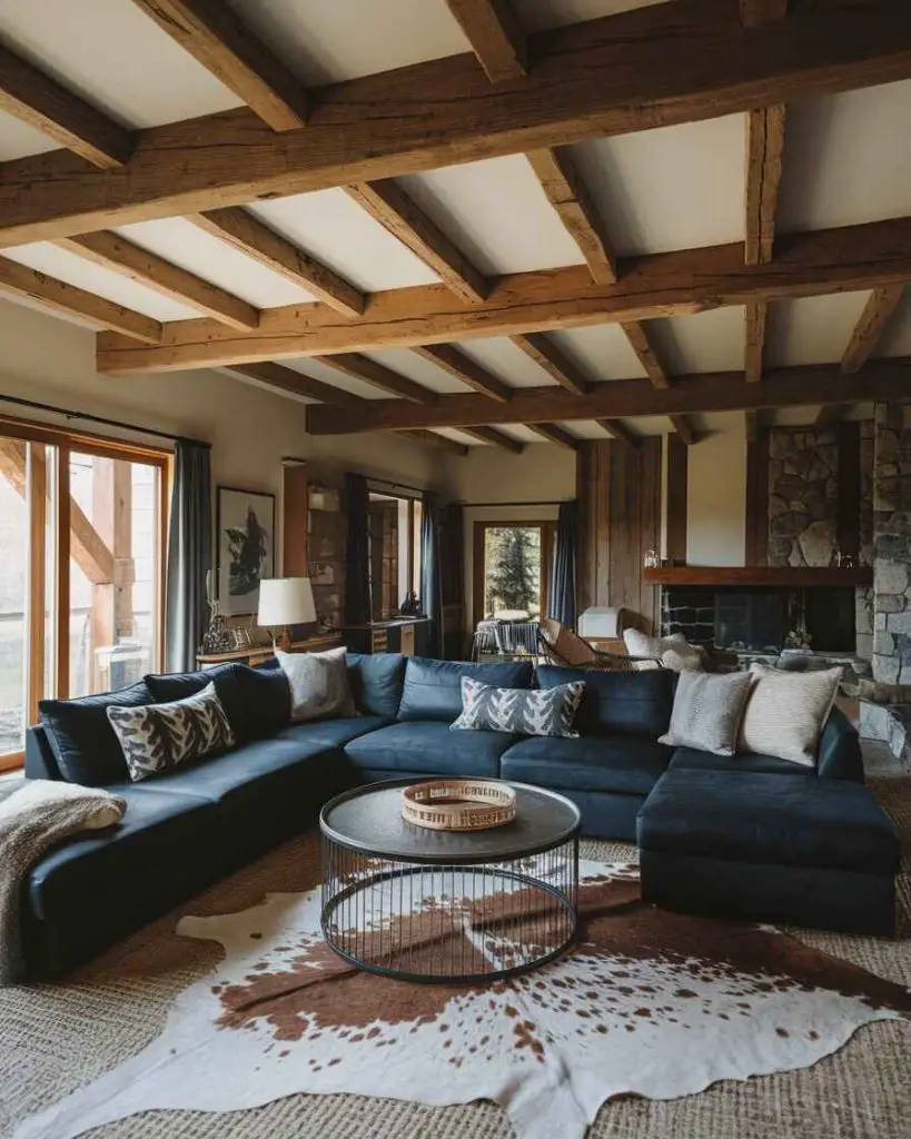 Blue sectional sofa beneath wooden beam ceiling with mountain views