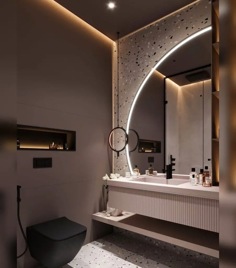 Modern powder room with curved LED light terrazzo walls and floating vanity