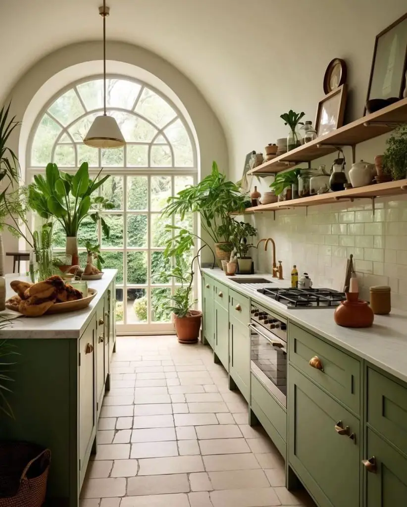Greenhouse style kitchen with gothic windows sage cabinets and plants