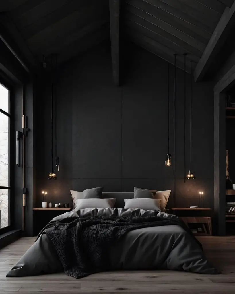 Black bedroom with hanging lights and vaulted ceiling