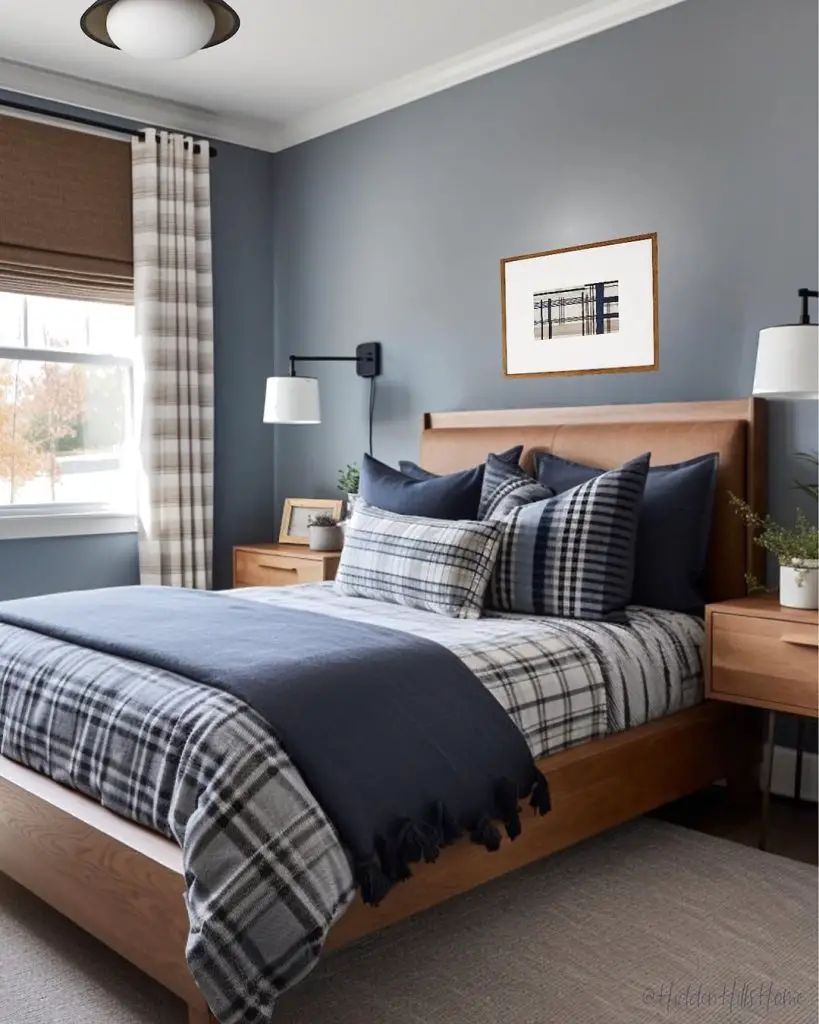 Modern bedroom with wooden bed grey walls and plaid bedding