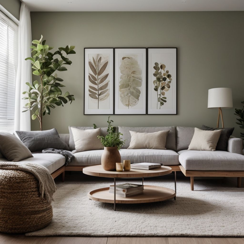 Minimalist green living room with botanical artwork and sectional sofa