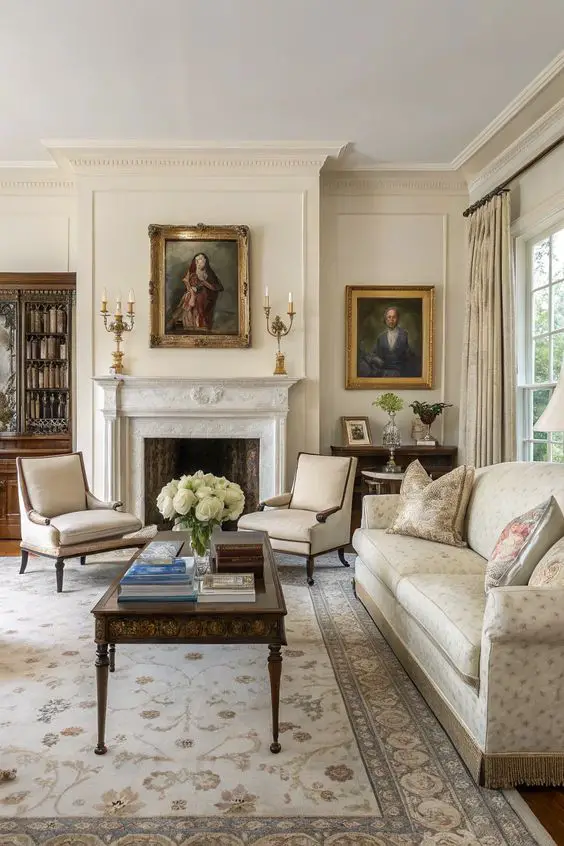 Traditional living room with portrait paintings and white fireplace mantel