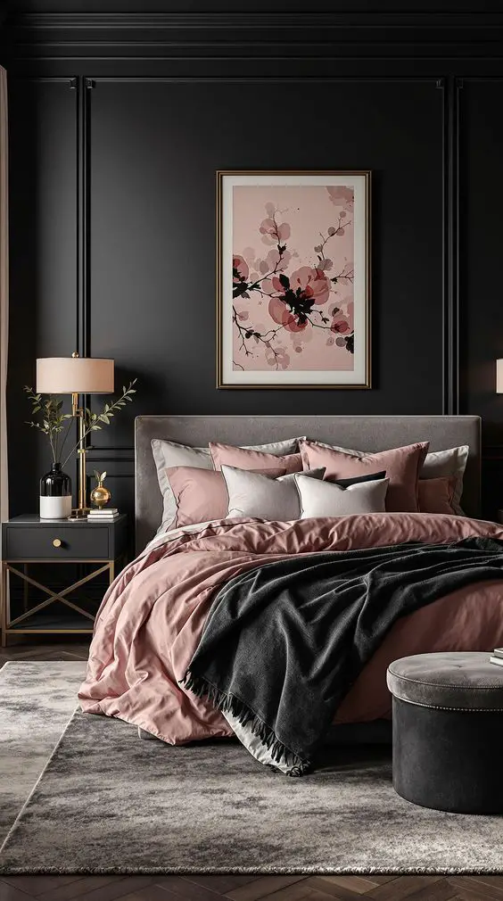 Dark bedroom with pink accents floral art and brass details