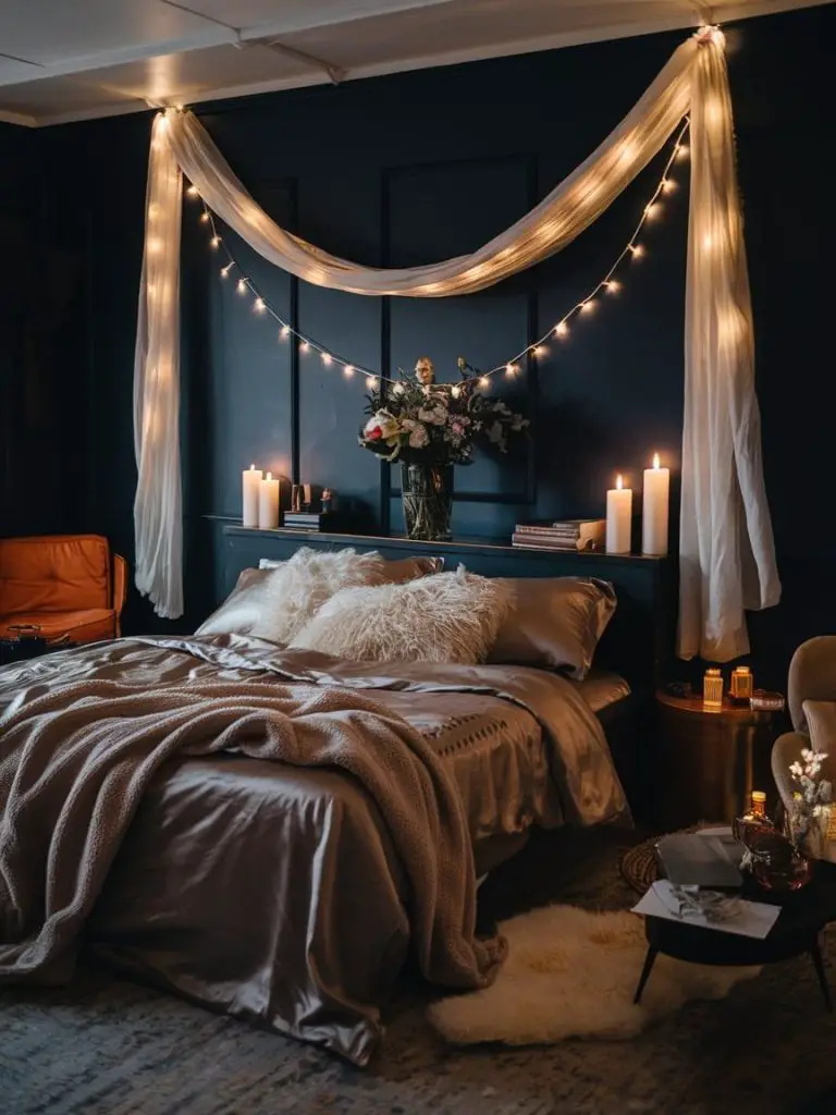 Dark bedroom with draped fabric string lights and candles