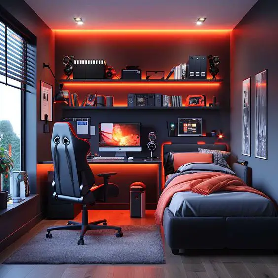 Gaming bedroom with red LED lighting black furniture and gaming setup