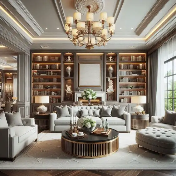 Luxurious library living room with built in bookcases tufted furniture and chandelier