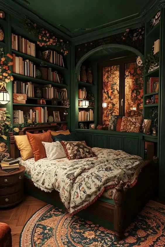 Green library bedroom with built in shelving and floral accents