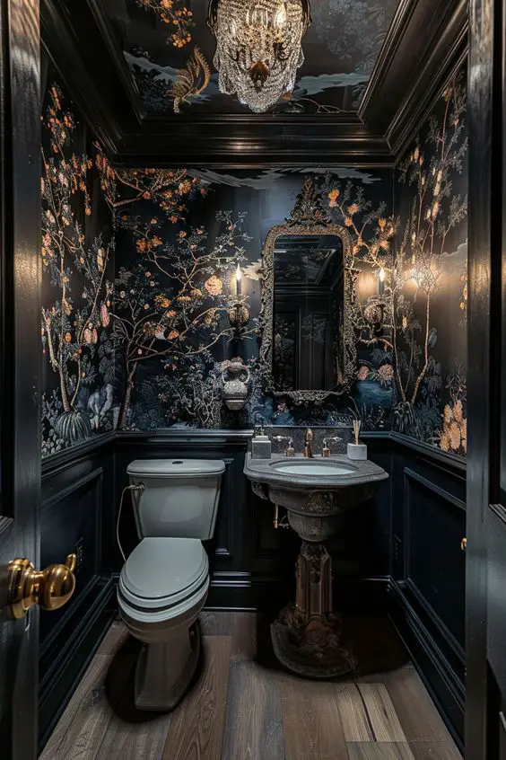 Dark powder room with floral murals crystal chandelier and vintage sink