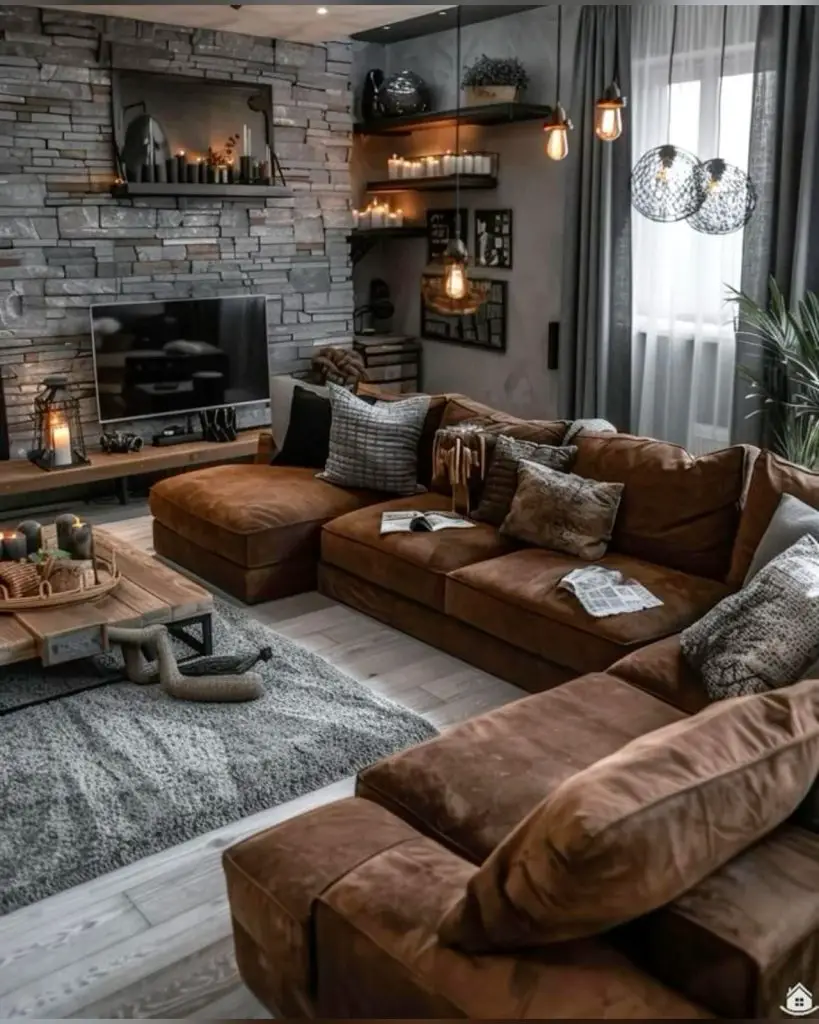 Contemporary living room with stone wall and brown leather sectional