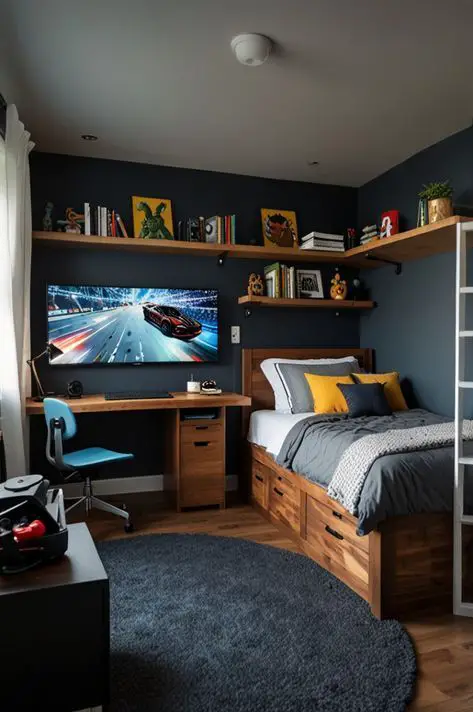 Gaming room with dark walls wooden furniture and racing theme