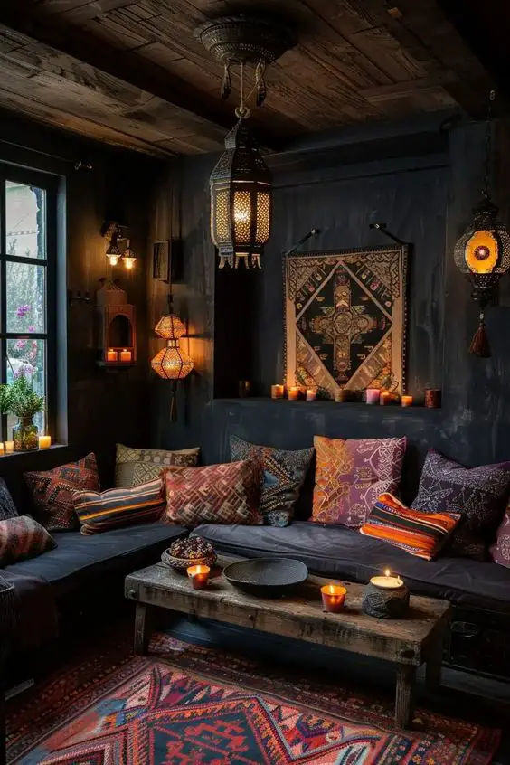 Dark boho room with lanterns and patterned cushions
