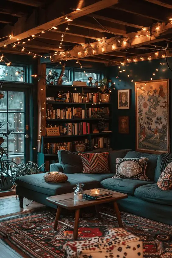 Cozy reading corner with string lights and packed bookshelves