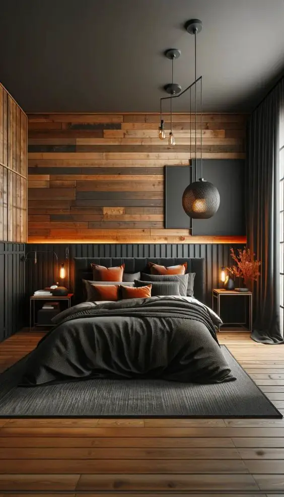 Modern bedroom with wooden wall panels pendant lighting and orange accents