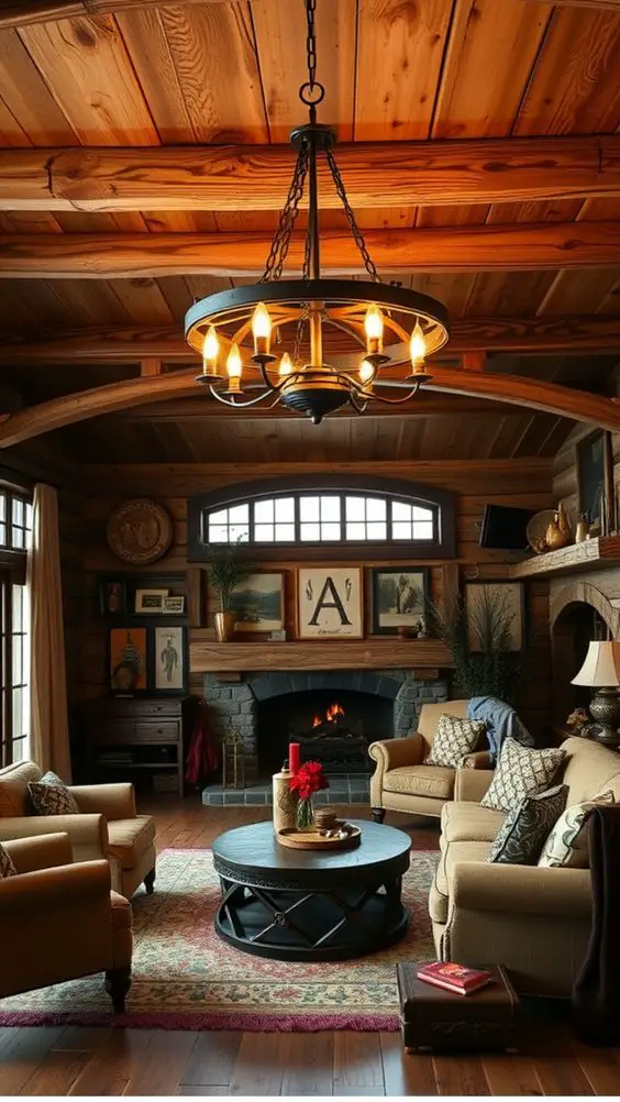Traditional lodge room with wooden ceiling stone fireplace and iron chandelier