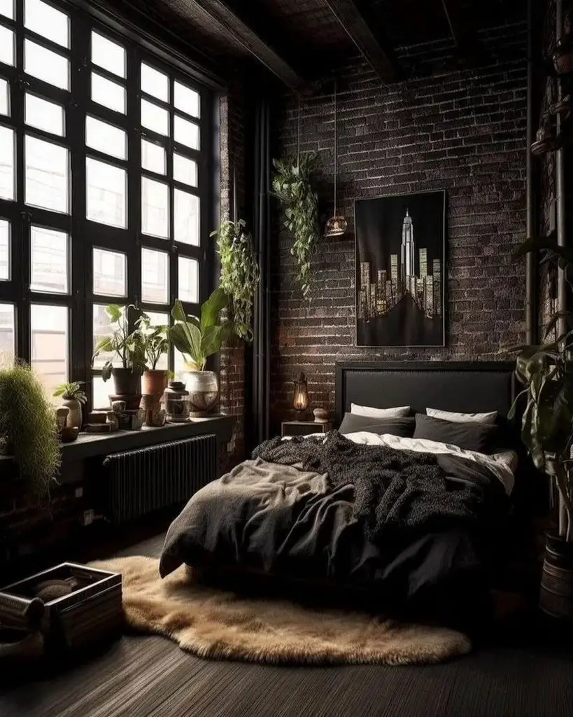 Industrial bedroom with brick walls and window garden display