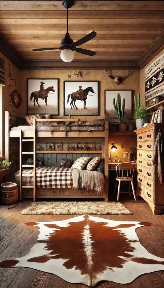 Rustic bedroom with horse artwork bunk beds and cowhide rug