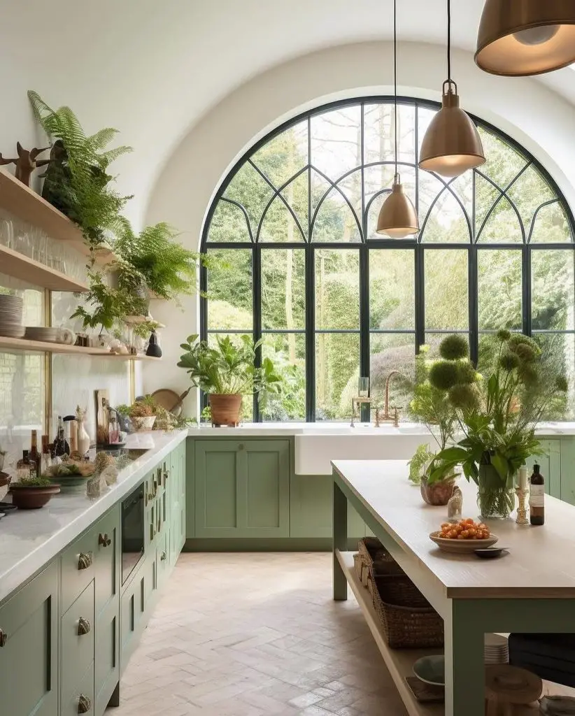 Modern sage kitchen with arched window indoor plants and pendant lights