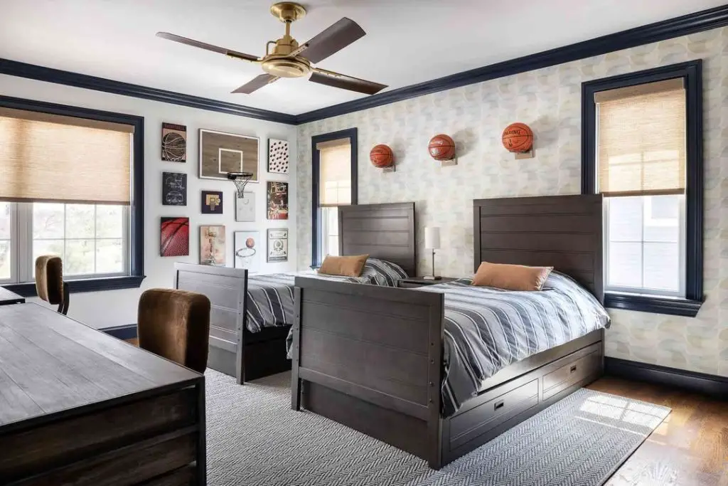 Built in bed with name Trey desk setup and gaming collectibles display